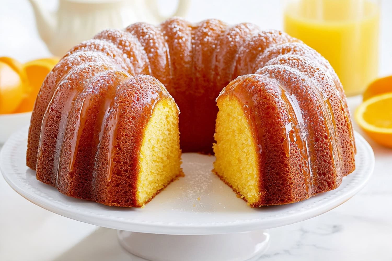 An angled view of an orange juice bundt cake, with its glossy citrus glaze reflecting the light.