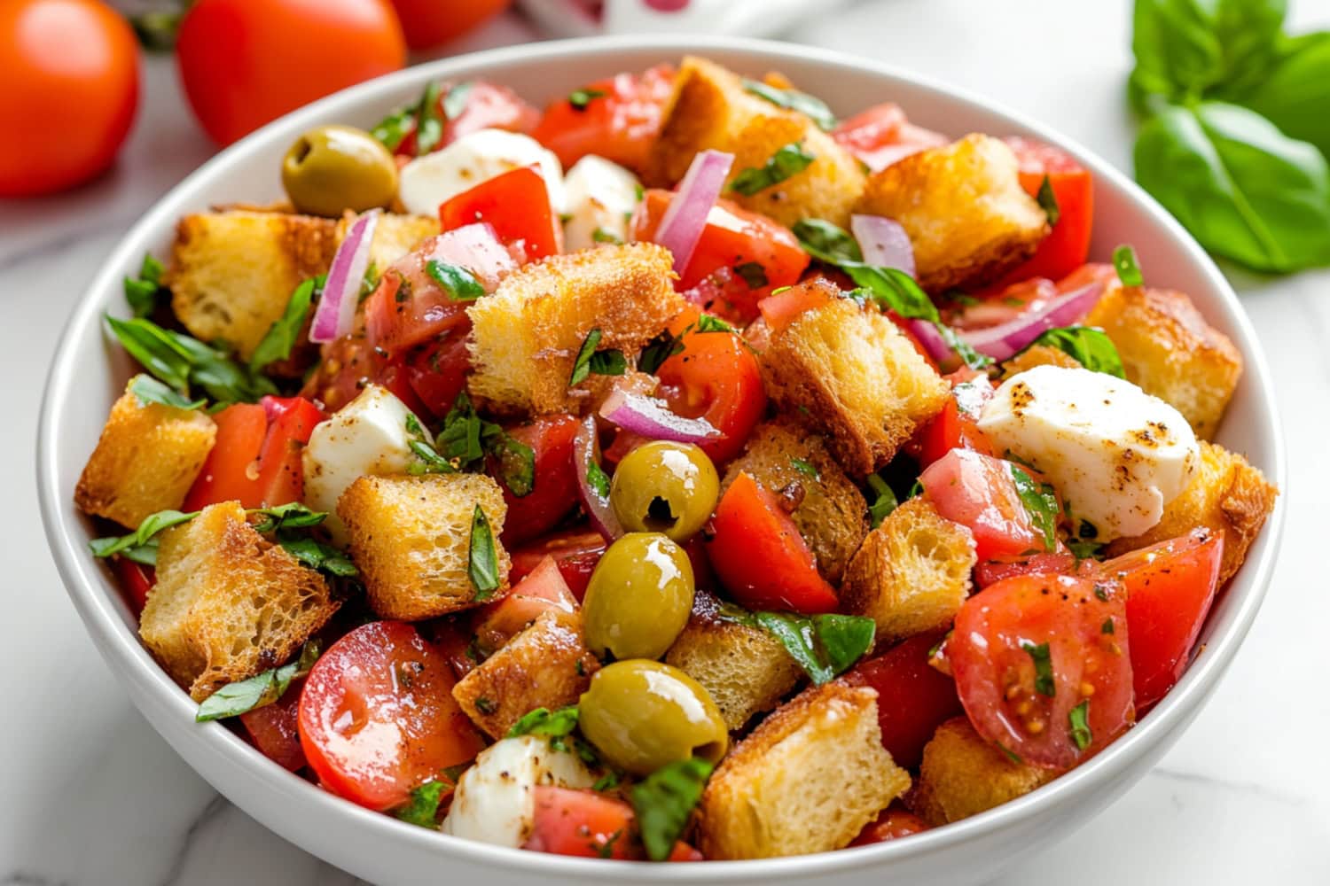 Close-up of a Panzanella salad featuring chunky bread, bright tomatoes and red onions in a white bowl.