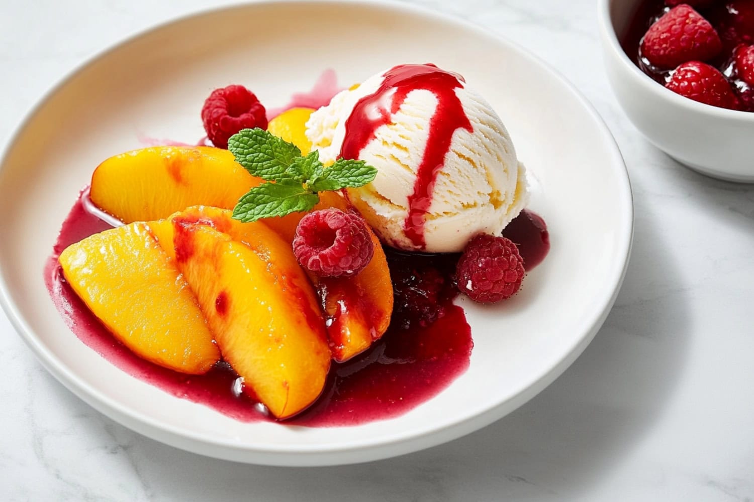 A serving of Peach Melba with ripe peaches, vanilla ice cream, and raspberry sauce, topped with fresh mint.