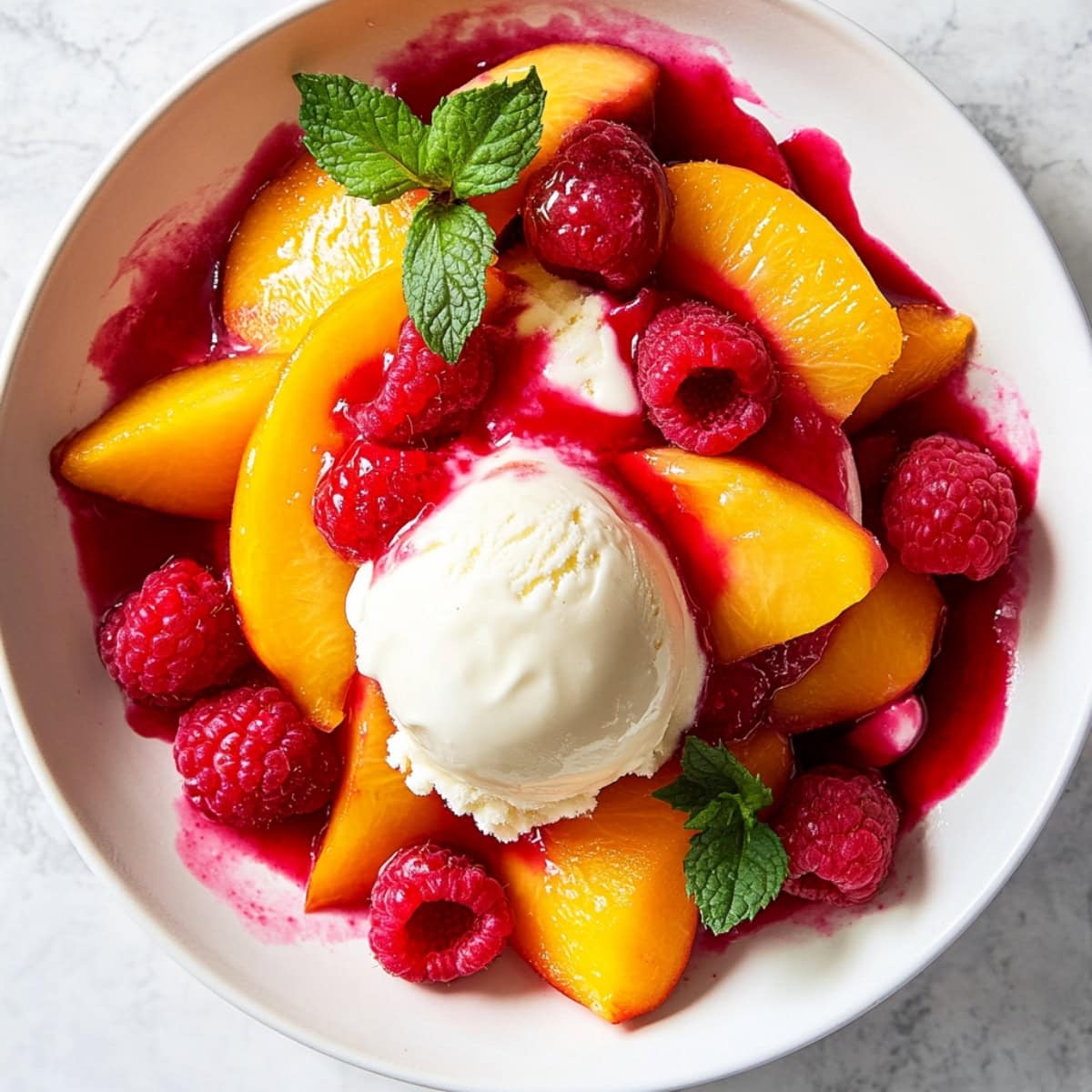 A classic serving of peach melba topped with mint and ice cream.