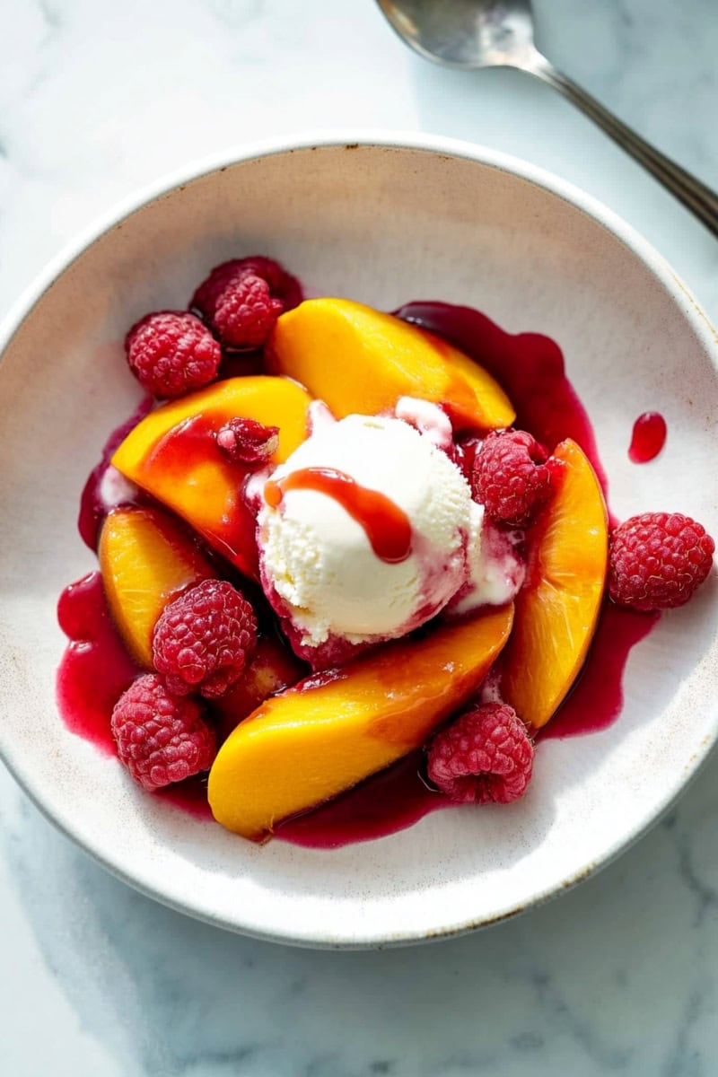 Homemade peach melba with raspberries and a scoop of ice cream.