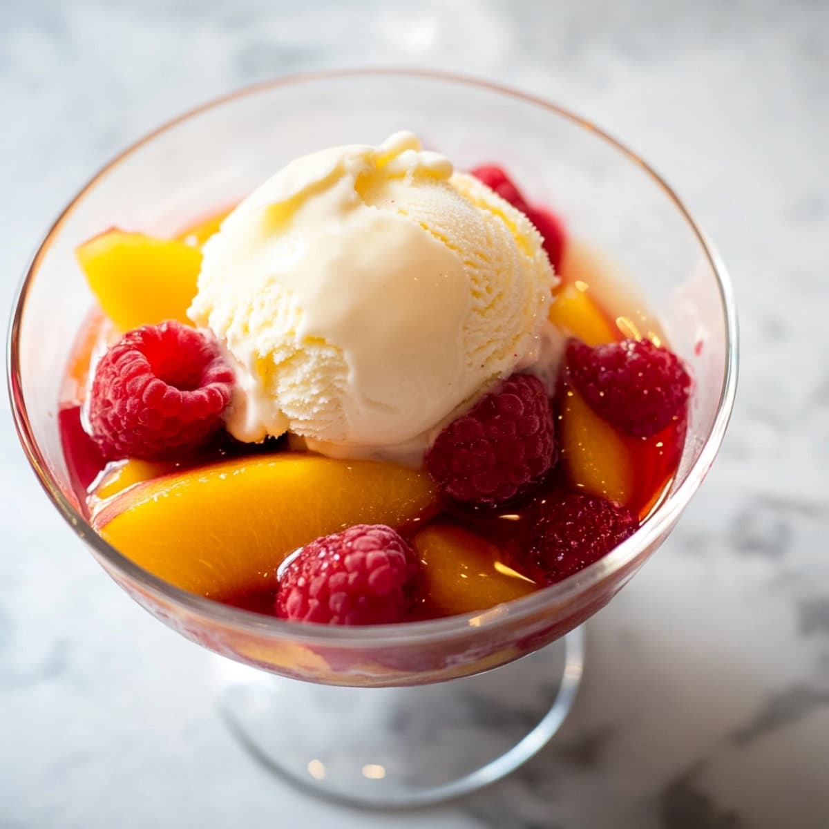 A delicious peach Melba dessert in a glass.