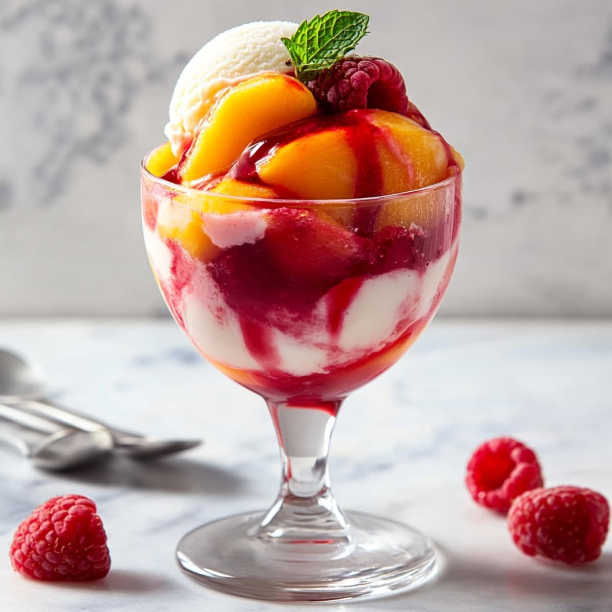 A glass of peach melba with ice cream and raspberry syrup.