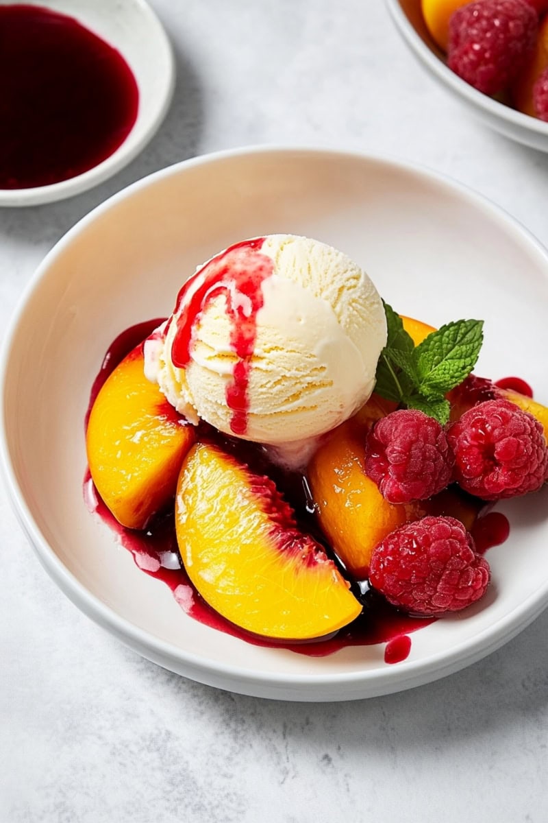 A plate of homemade peach Melba with fresh raspberries and vanilla ice cream.