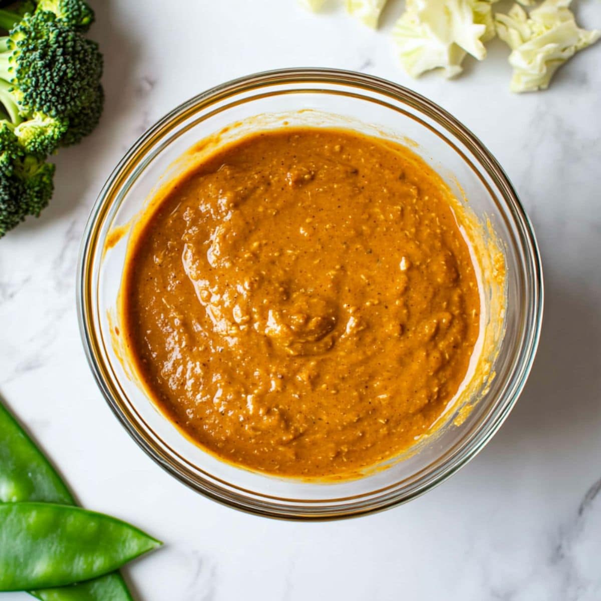 Peanut satay sauce in a glass mixing bowl, top view