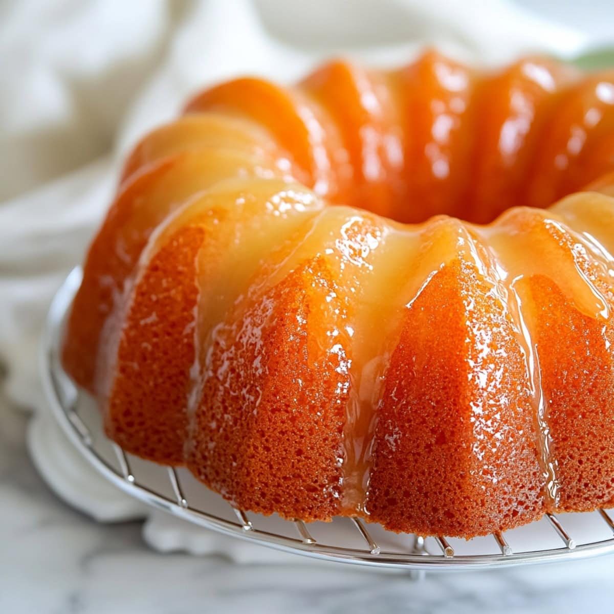 Close-up shot of pineapple juice cake on a cooling rack.