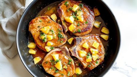 Four pineapple pork chops in a black skillet, top view.