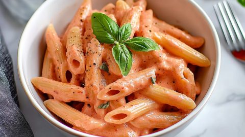 A serving of pink sauce pasta in a white bowl.