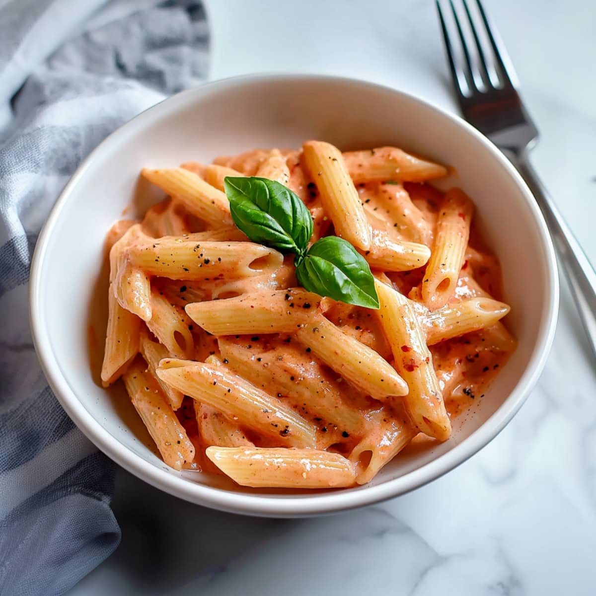 A bowl of pink sauce pasta, garnished with basil.