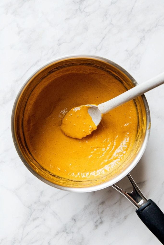 Pumpkin pudding mixed in a saucepan, top view