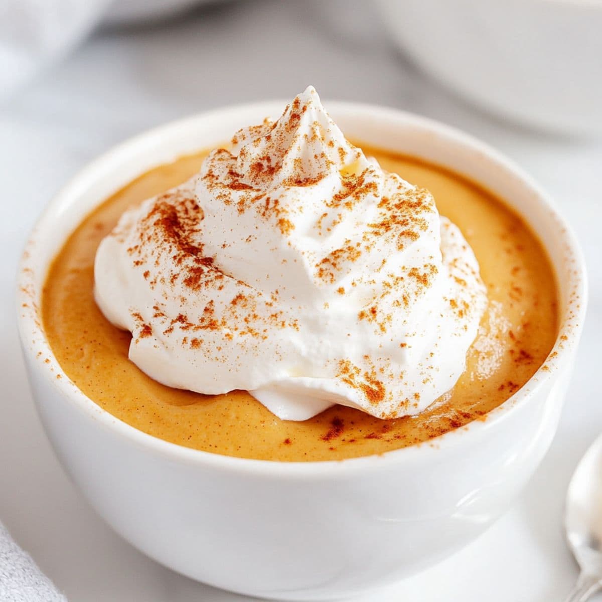 Pumpkin pudding in a white bowl garnished with whipped cream sprinkled with pumpkin spice.