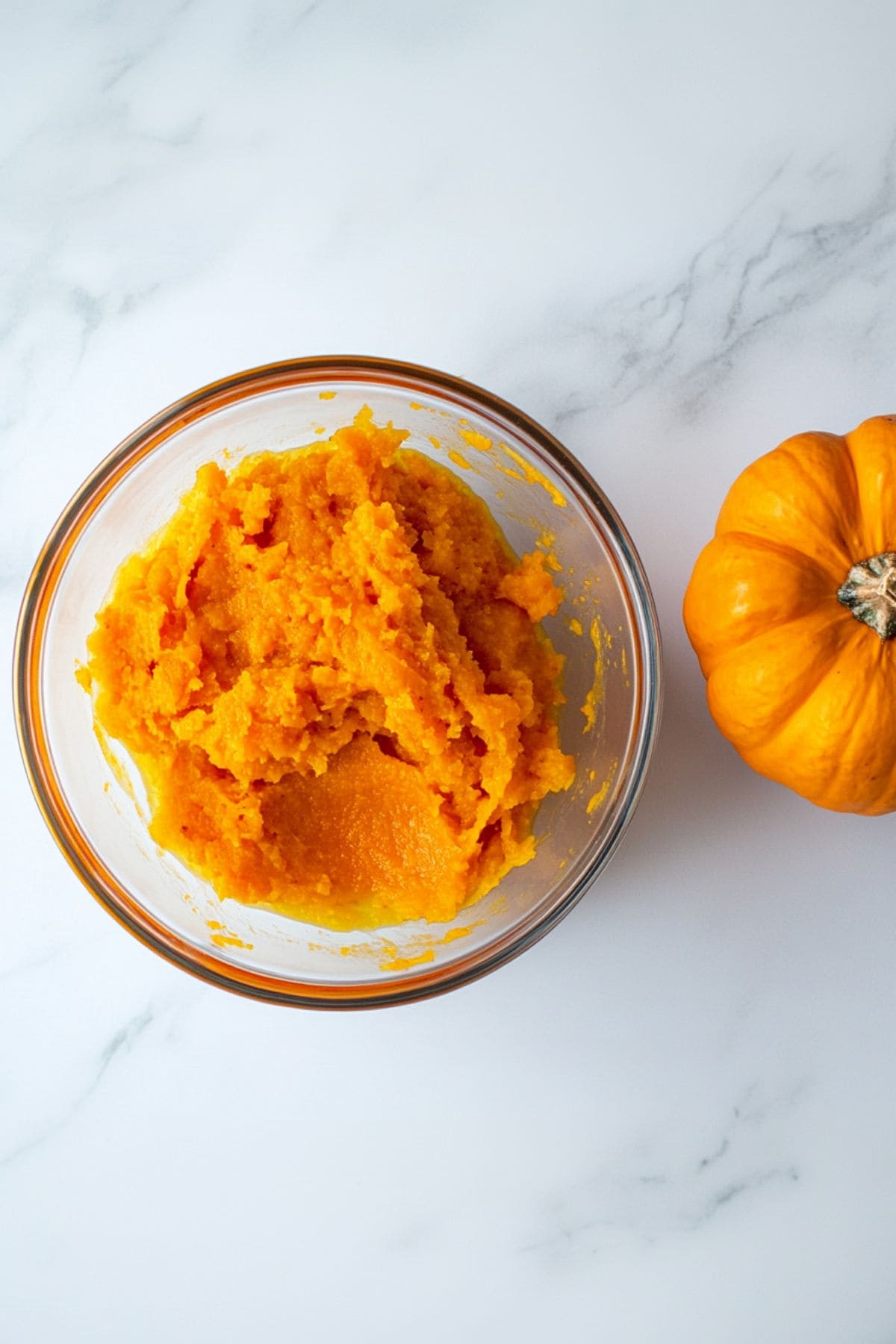 Pumpkin puree in a glass bowl, top view