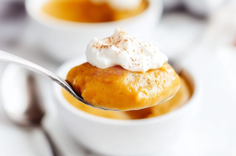 Spoonful scoop of pumpkin pudding with whipped cream.