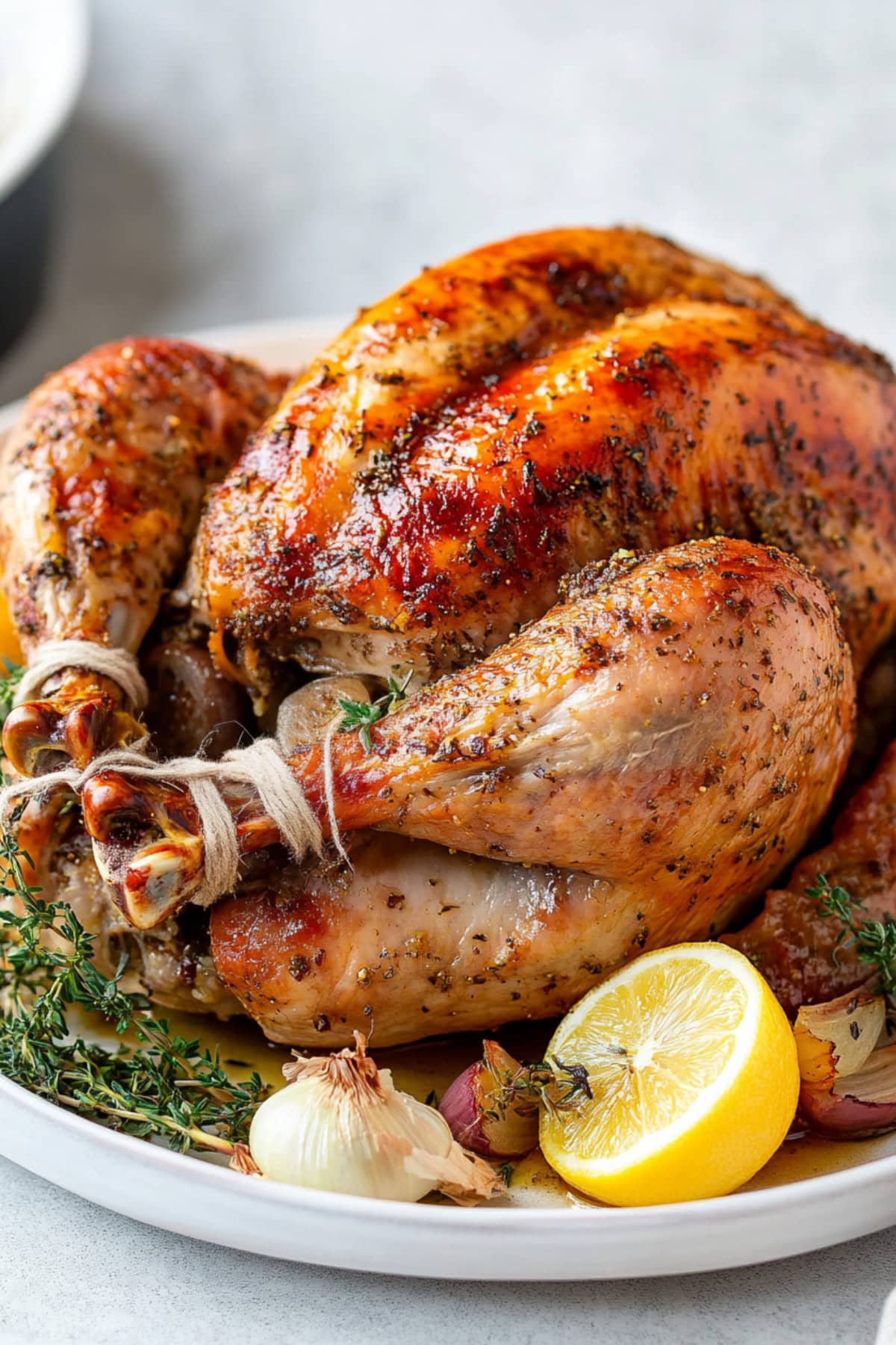 Whole roasted turkey served in a plate nestled on a bed of herbs and spices.