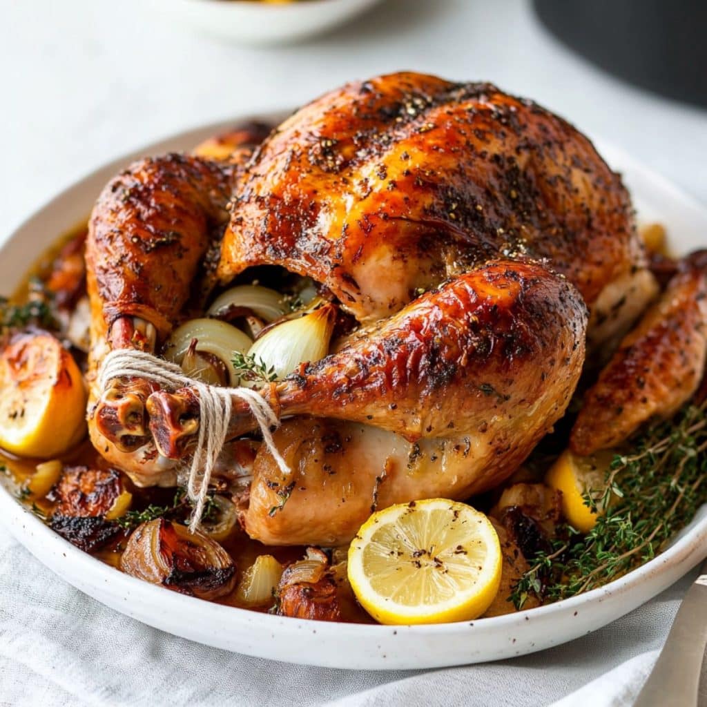 Roast turkey sitting on a large plate nestled on top of herbs and spices.