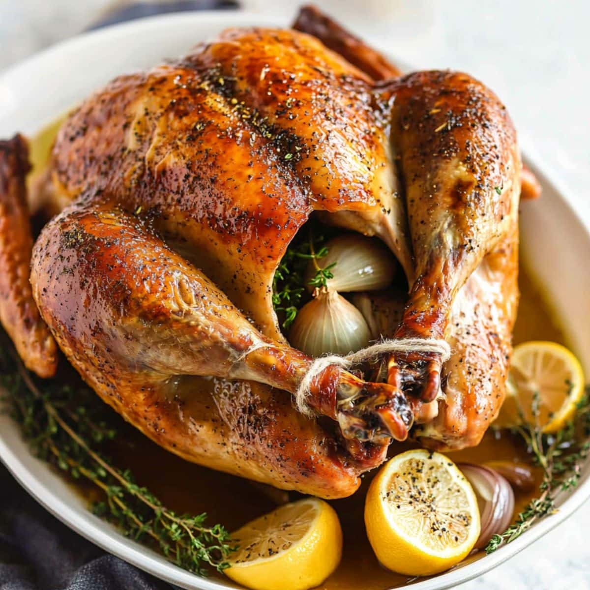 Whole large turkey sitting on a plate with roasted herbs and lemon. 