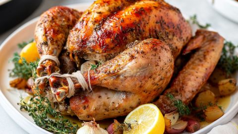 Roast turkey seasoned with herbs garnished with spices, lemons and herbs in a large plate.