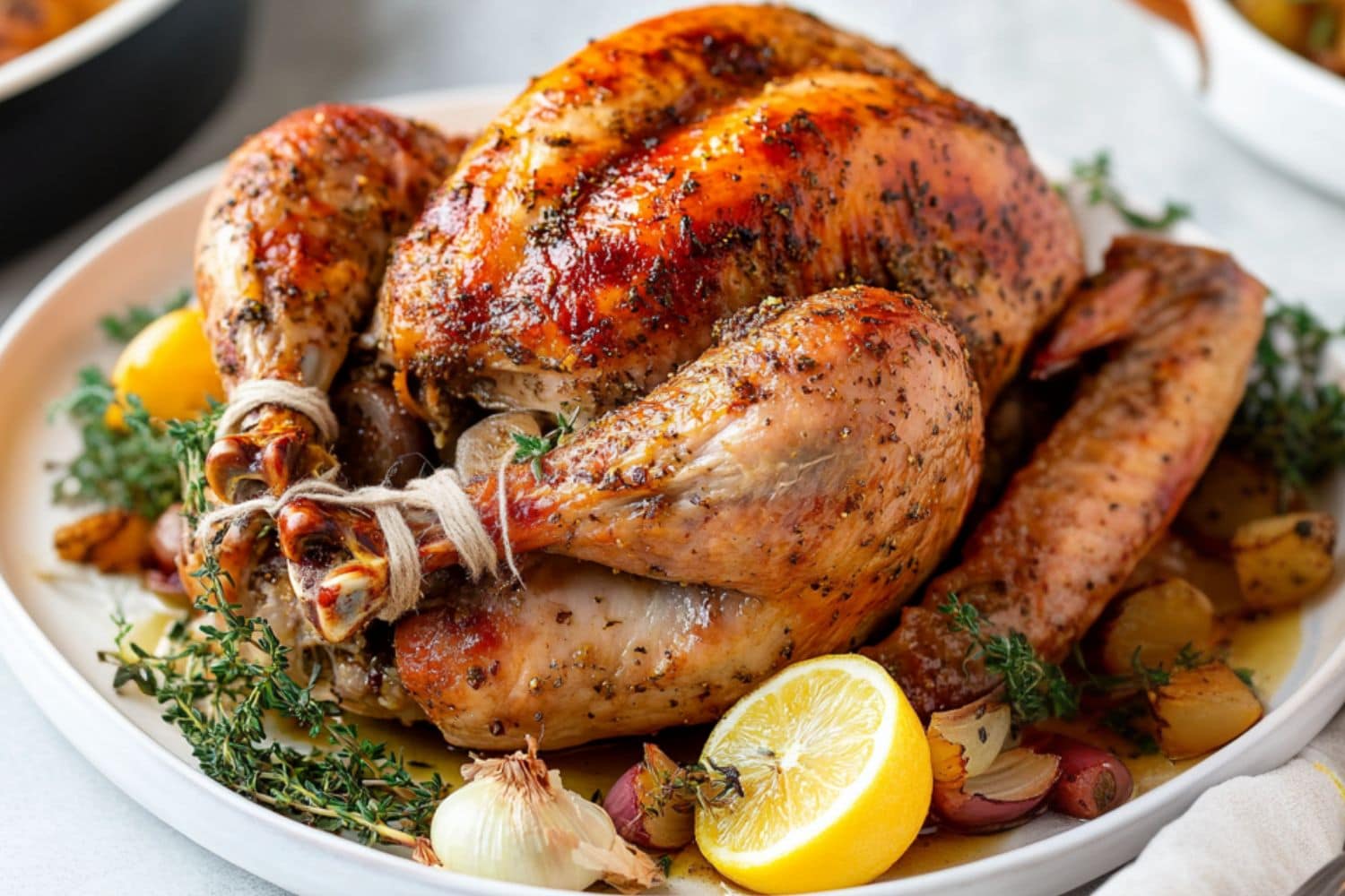 Roast turkey seasoned with herbs garnished with spices, lemons and herbs in a large plate.