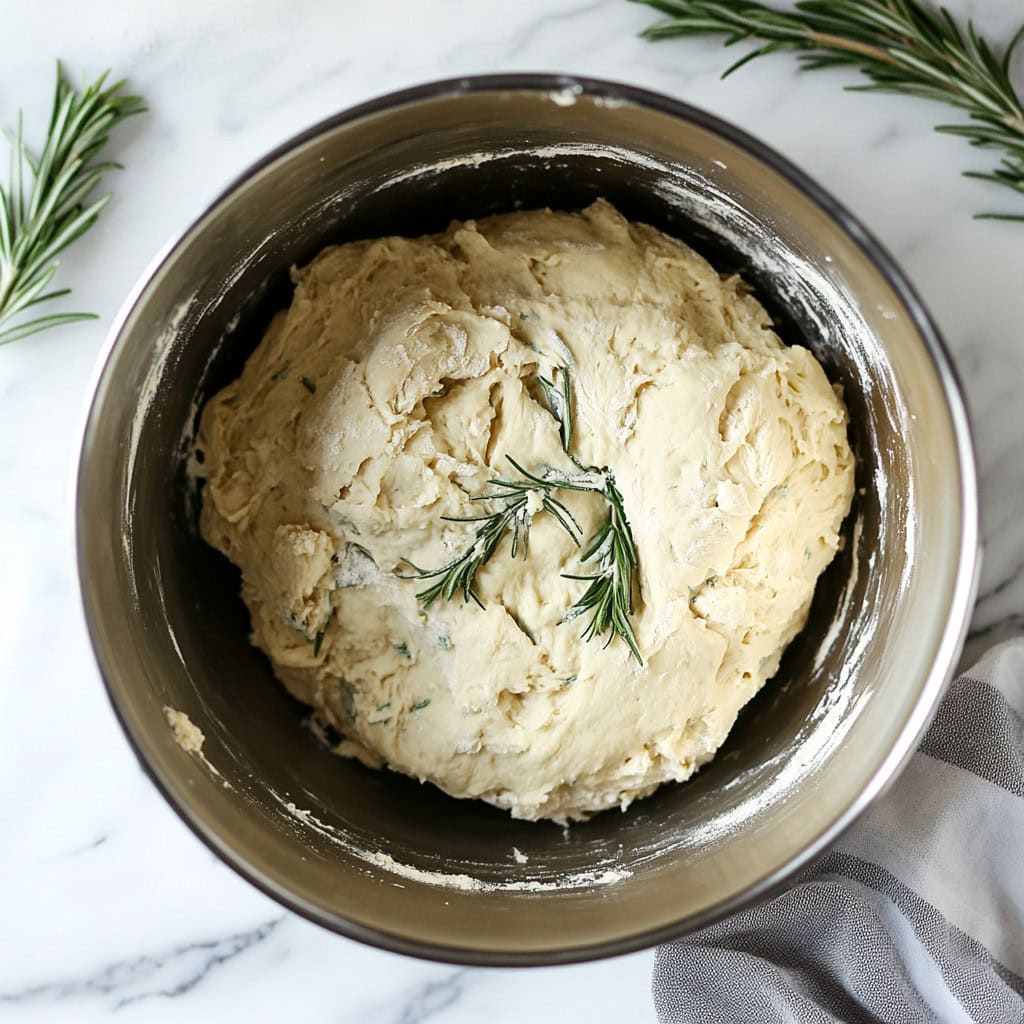 Rosemary bread dough in a mixing bowl, top view