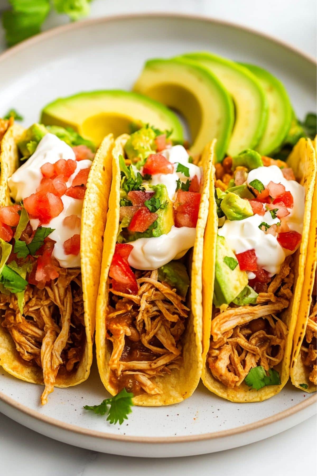 Corn tortillas filled with shredded roast chicken topped with sour cream, pica de gallo and sour cream.