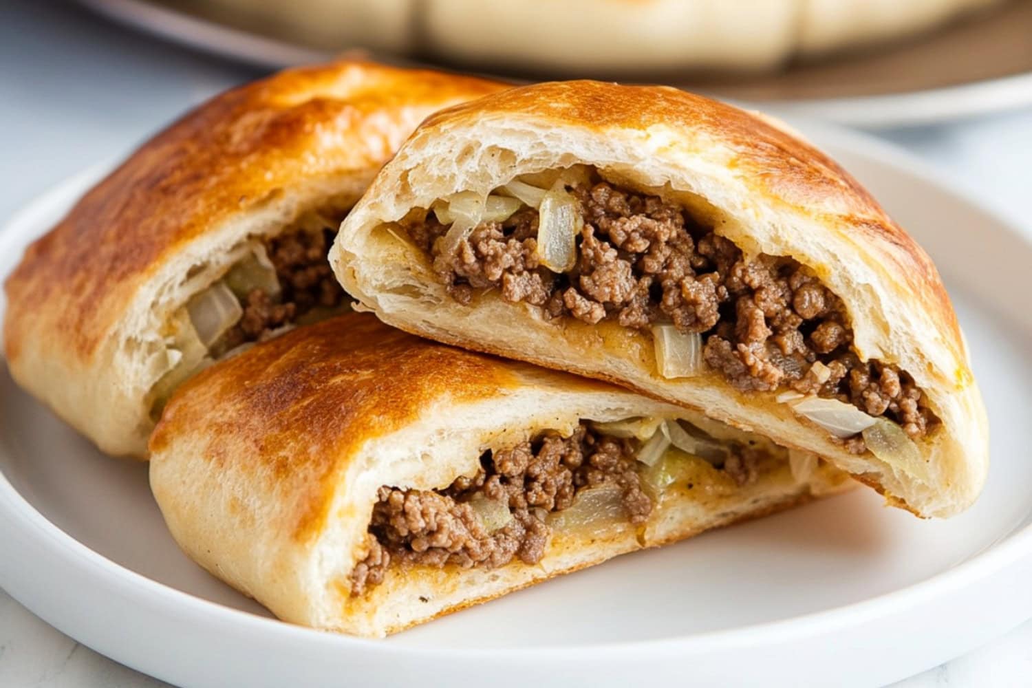 Runza cut in half on a white plate, showing the hearty mixture of beef and cabbage inside the soft bread.