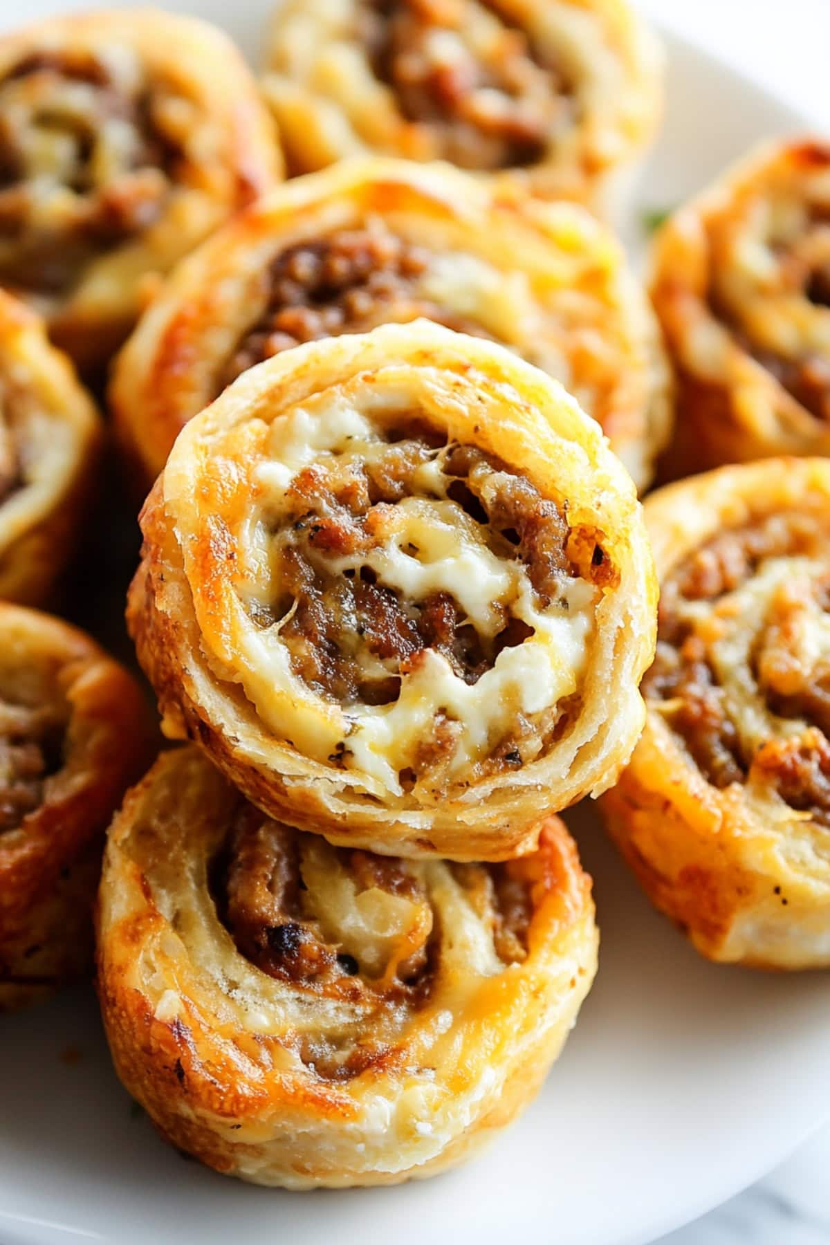 Sausage pinwheels in a plate, perfect for party appetizers.