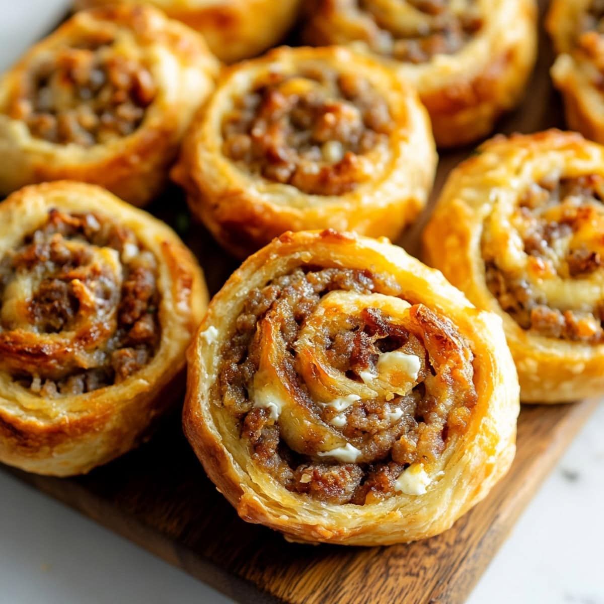 A wooden board of sausage pinwheels with cream cheese.