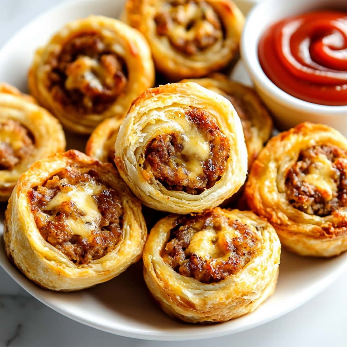 Flaky and buttery sausage pinwheels, served with ketchup.