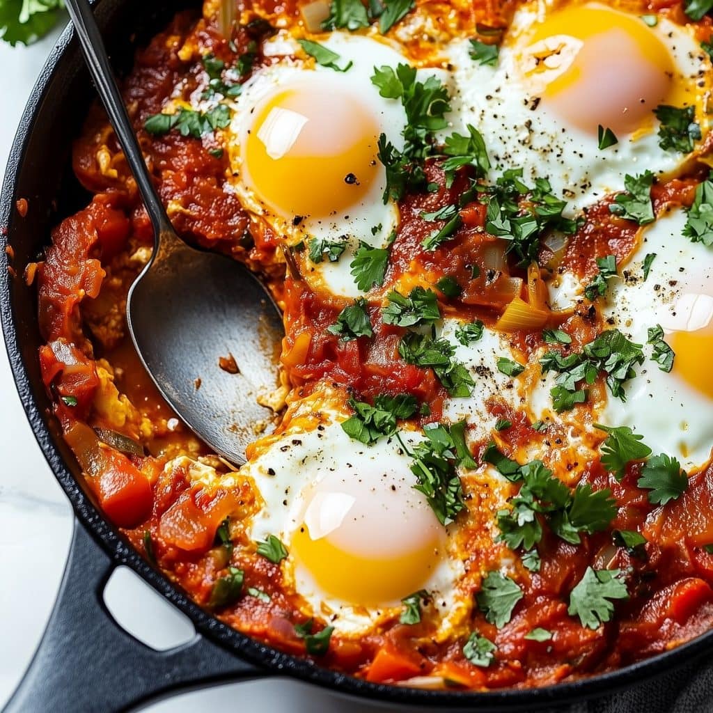 A sizzling pan of shakshuka with poached eggs nestled in a rich, spiced tomato sauce topped with fresh parsley.