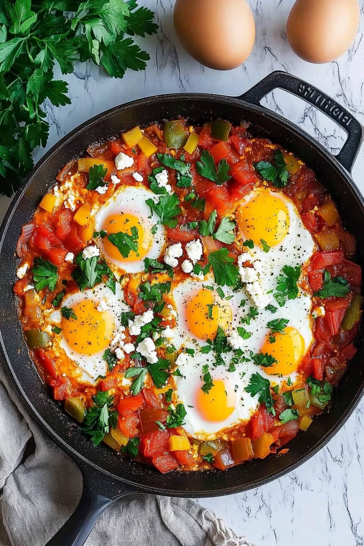 Shakshuka featuring poached eggs, tomatoes and bell peppers, garnished with herbs and feta cheese, top view