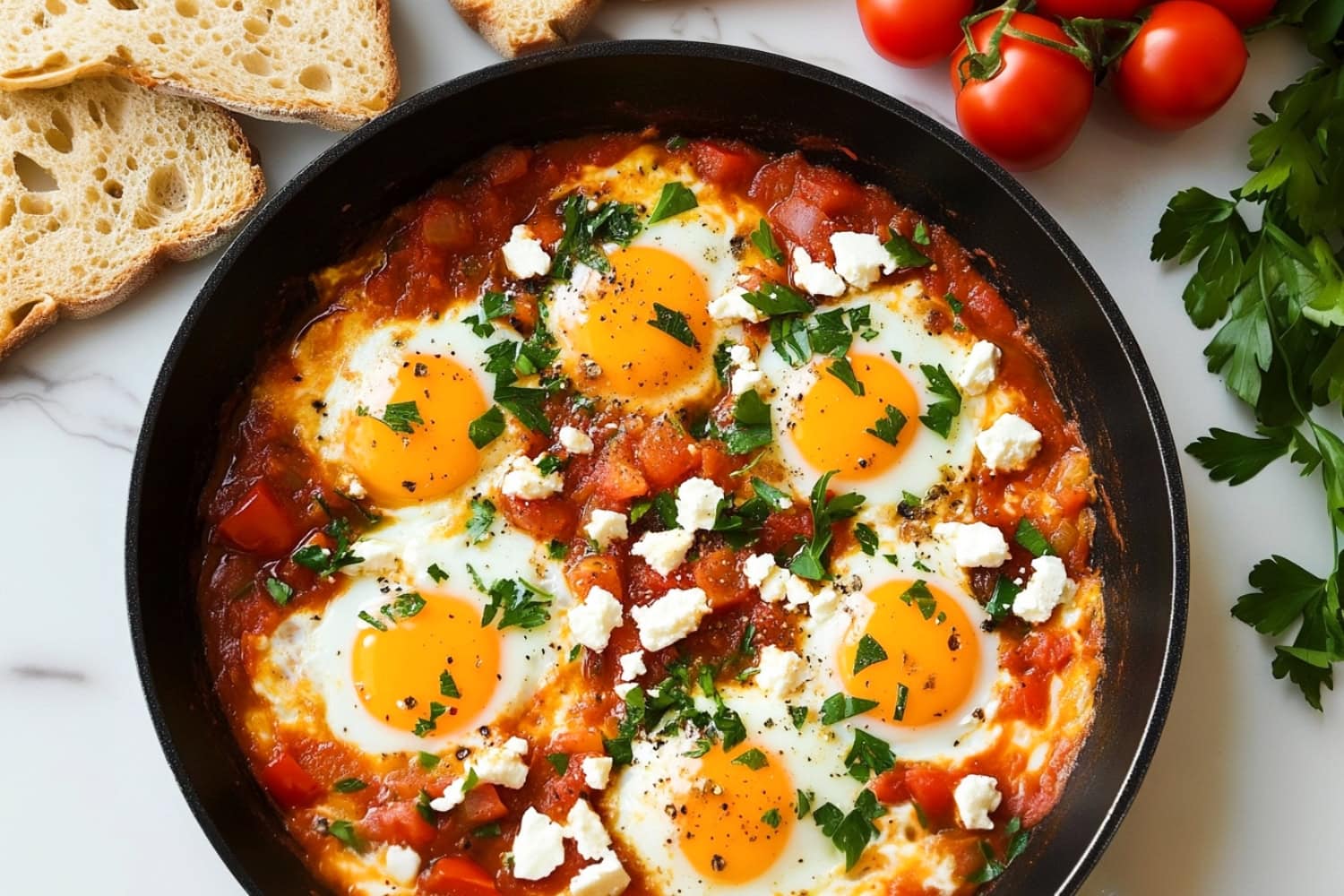 Overhead shot of shakshuka, with colorful ingredients like tomatoes, onions, and green peppers visible through the sauce.