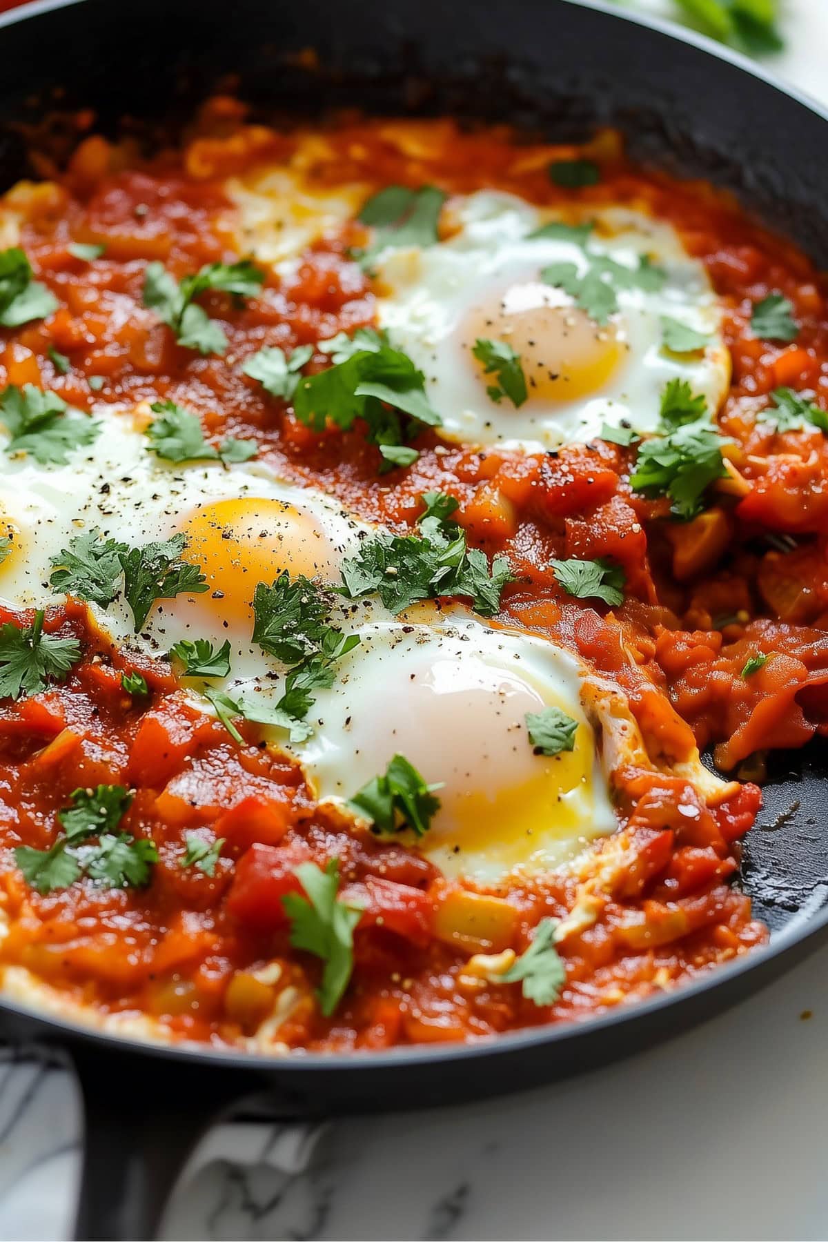 Close-up of shakshuka, with vibrant red tomato sauce, runny yolks, and a sprinkle of herbs on top.