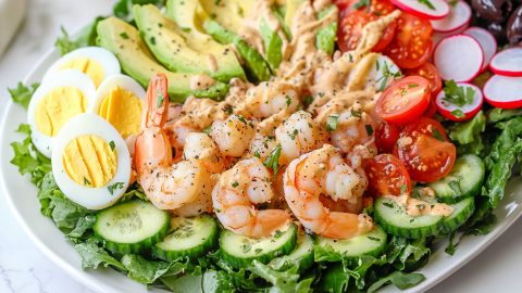 Healthy and crunchy homemade shrimp Louie salad with veggies, fruits and hard boiled eggs.