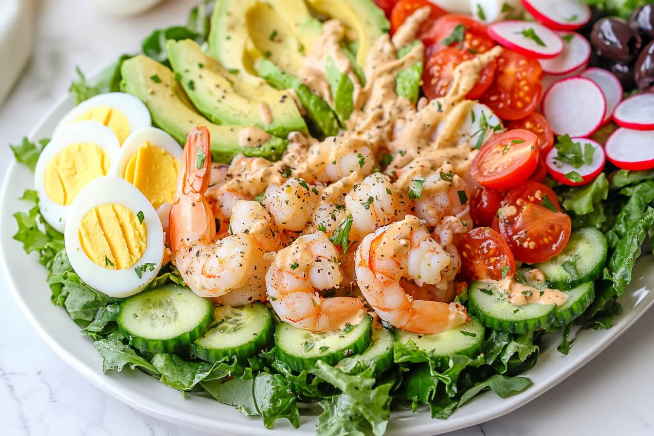 Healthy and crunchy homemade shrimp Louie salad with veggies, fruits and hard boiled eggs.