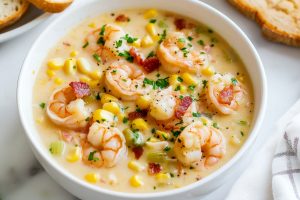 Shrimp and corn chowder in a bowl, served with bread.