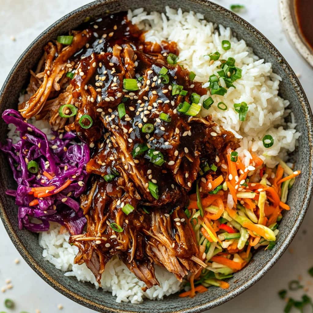 Slow Cooker Asian Pulled Pork with white rice and colorful slaw in a bowl, top view