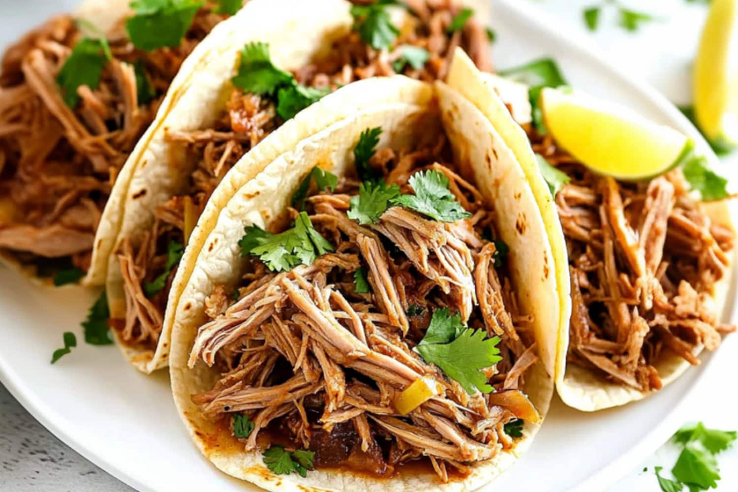 Carnitas with slow cooked shredded pork shoulder, garnished with parsley and lime slice.