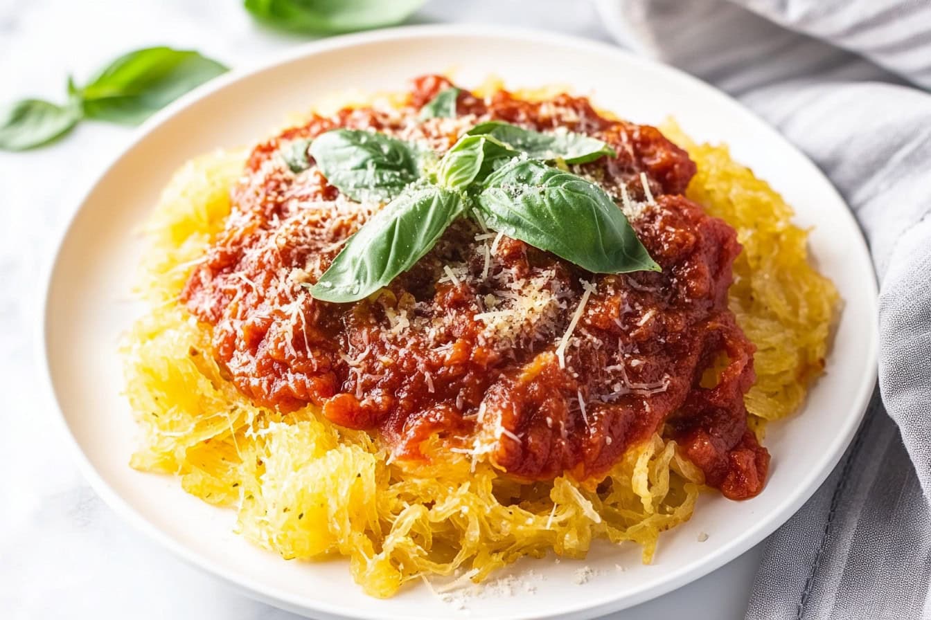 Vibrant yellow spaghetti squash marinara with red marinara sauce.