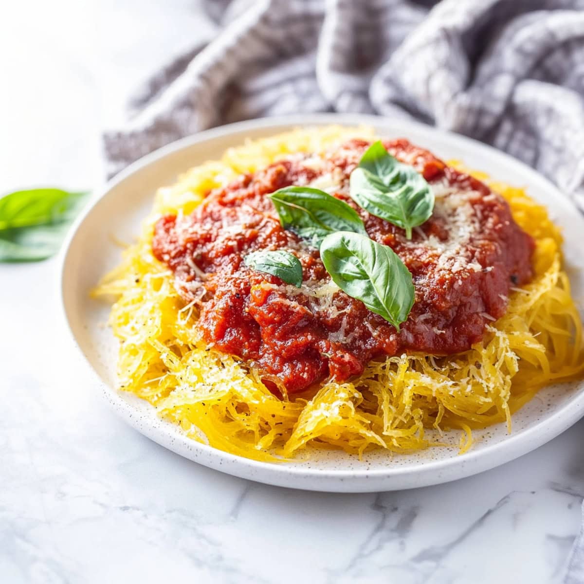 Comforting homemade spaghetti squash marinara in a plate topped with herbs and parmesan.