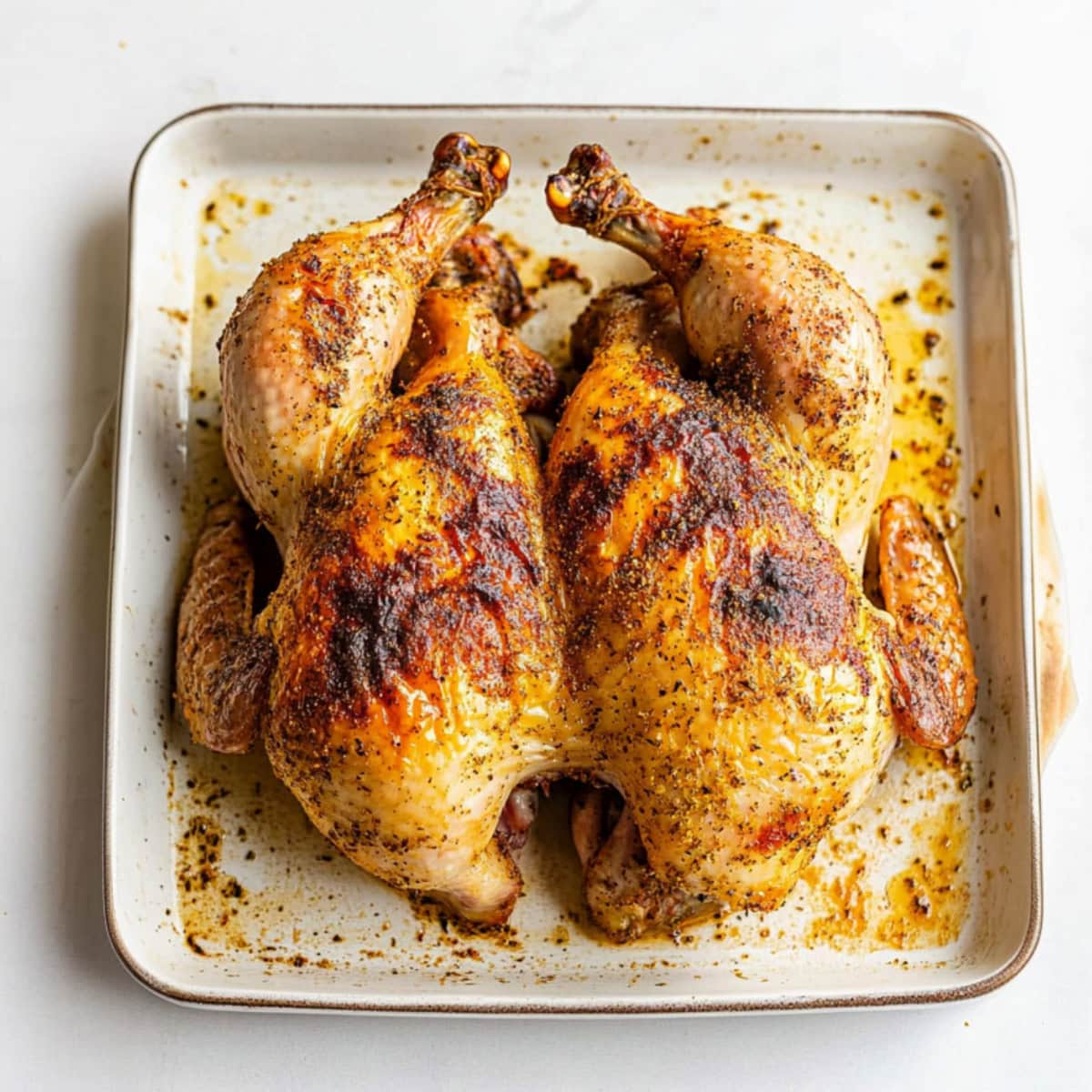 Seasoned spatchcock chicken served on a white pan sitting on a white marble table.