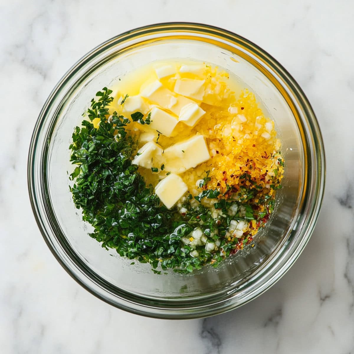 Softened butter, garlic, parsley, thyme, lemon zest, lemon juice, salt, pepper, and paprika in a glass mixing bowl.