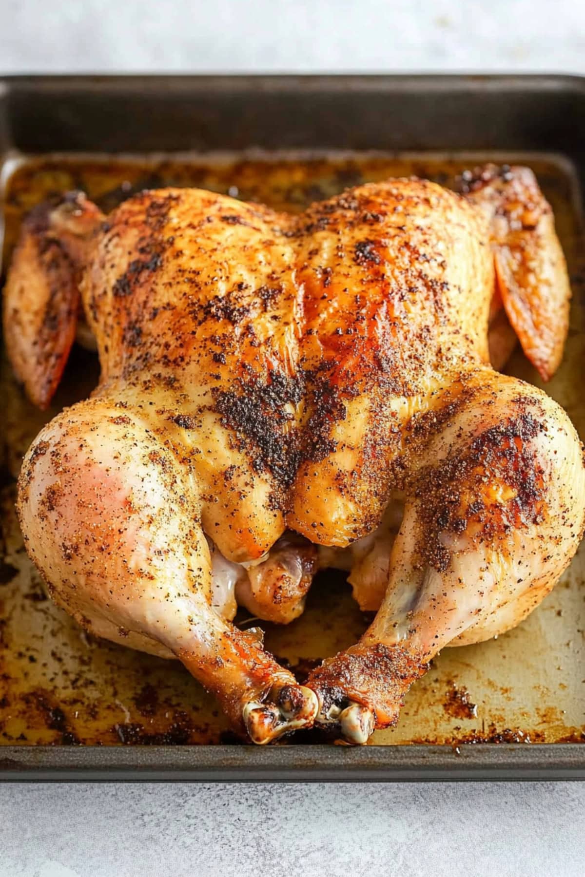 Baked chicken pressed flat seasoned with spices sitting on a sheet pan on a white marble table.