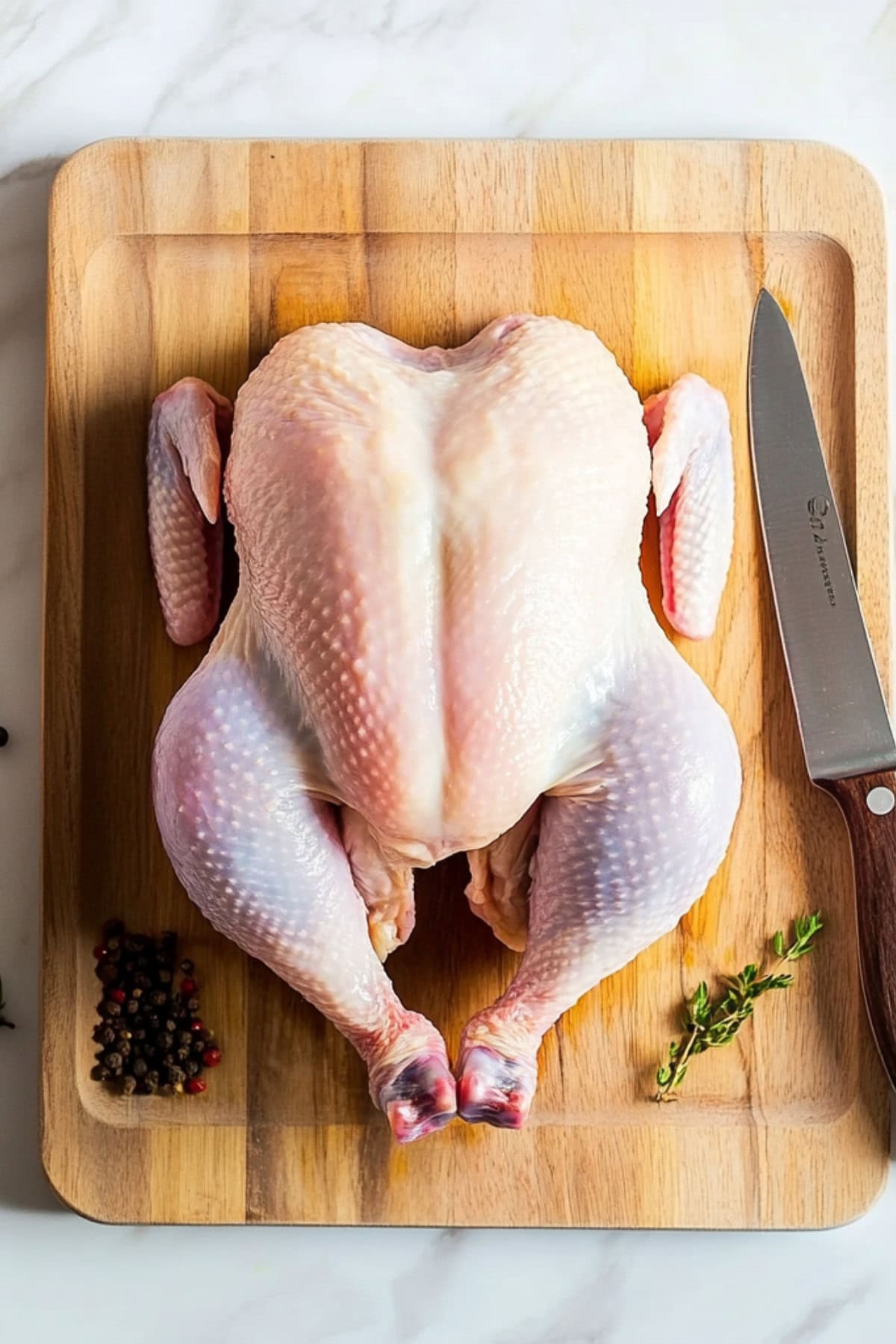 Raw whole chicken in a wooden board, knife and spices on the side.