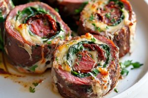 Slices of steak pinwheels with spinach, cheese and sundried tomatoes inside.