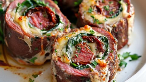 Slices of steak pinwheels with spinach, cheese and sundried tomatoes inside.