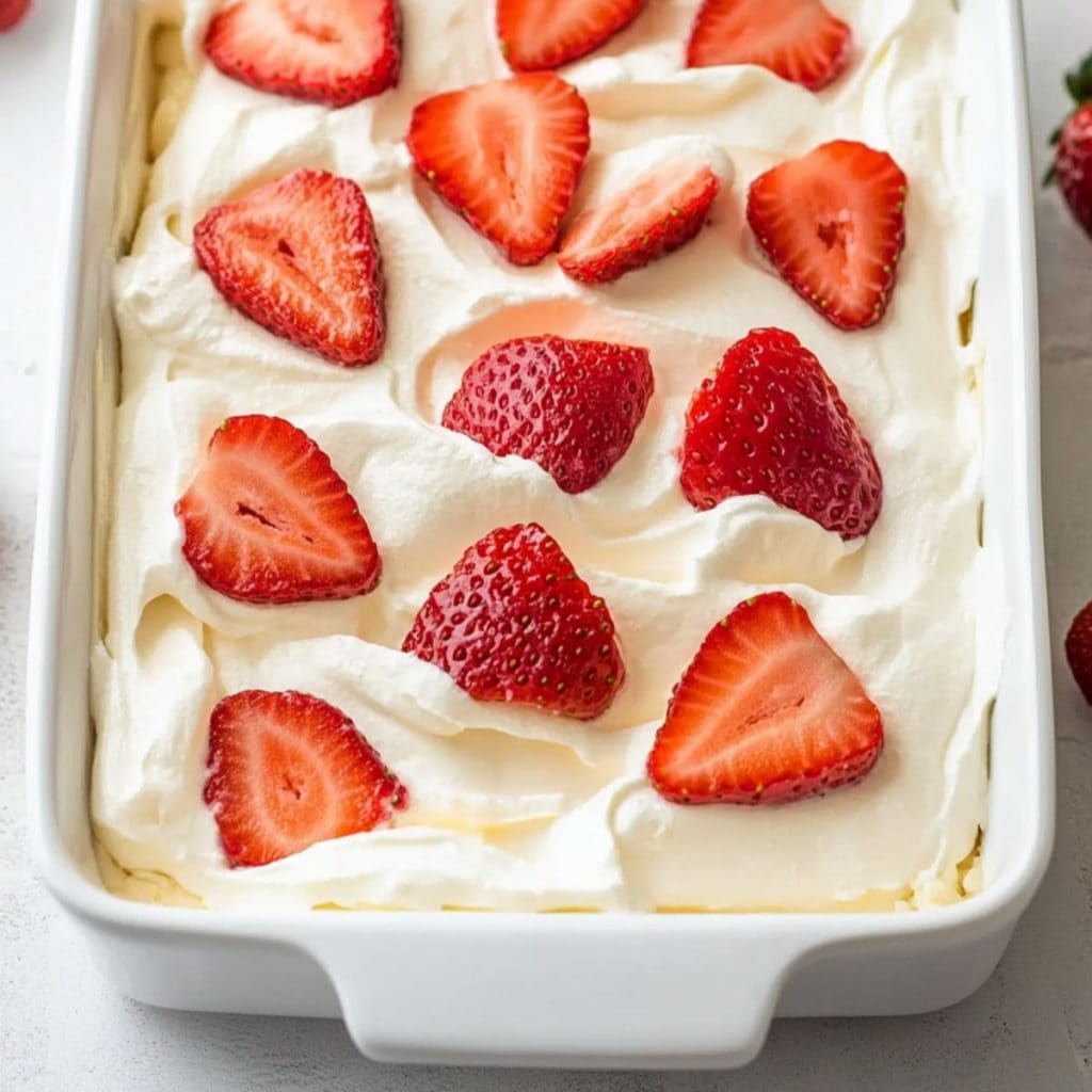 Strawberry cheesecake in a rectangular baking dish.