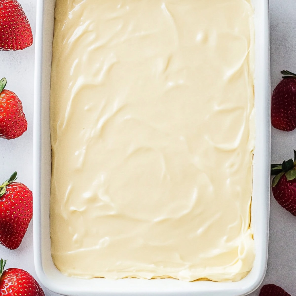 Cheesecake mixture on a rectangular baking pan.