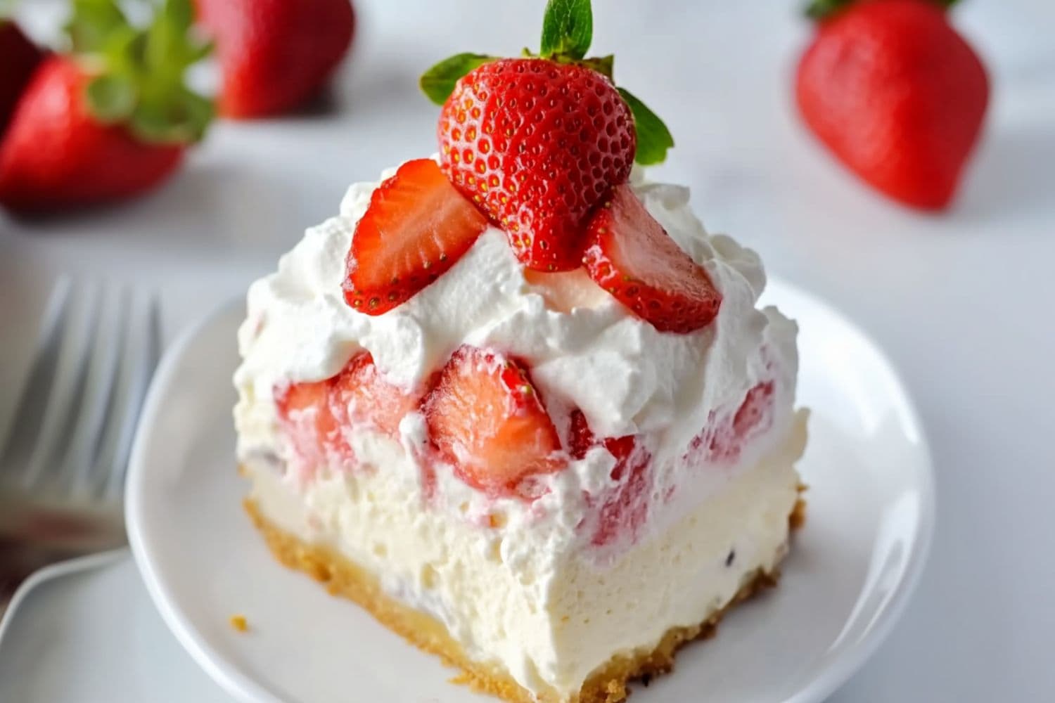 Square slice serving of strawberry cheesecake lush served on a white plate garnished with sliced strawberries.