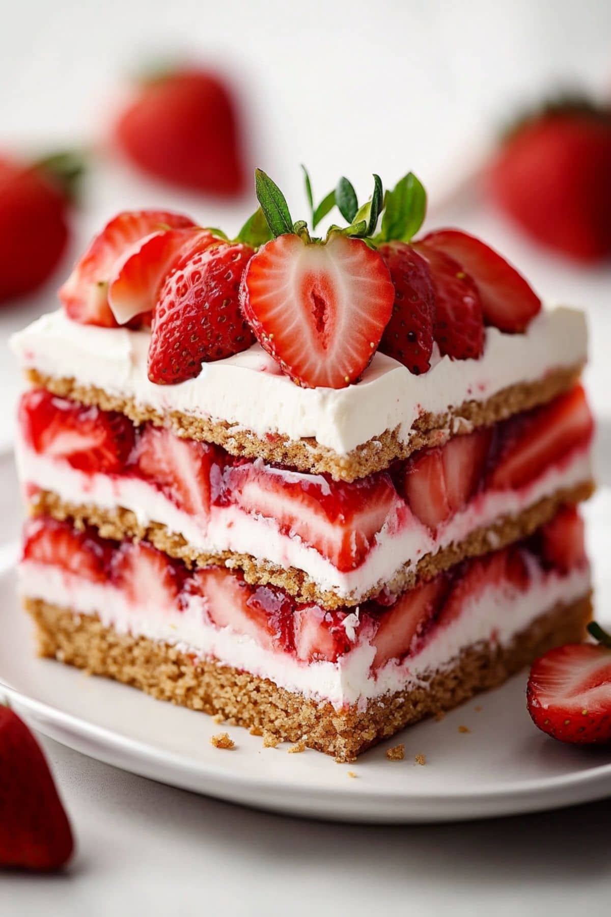 A slice serving of strawberry icebox cake topped with fresh strawberries served on a white plate.