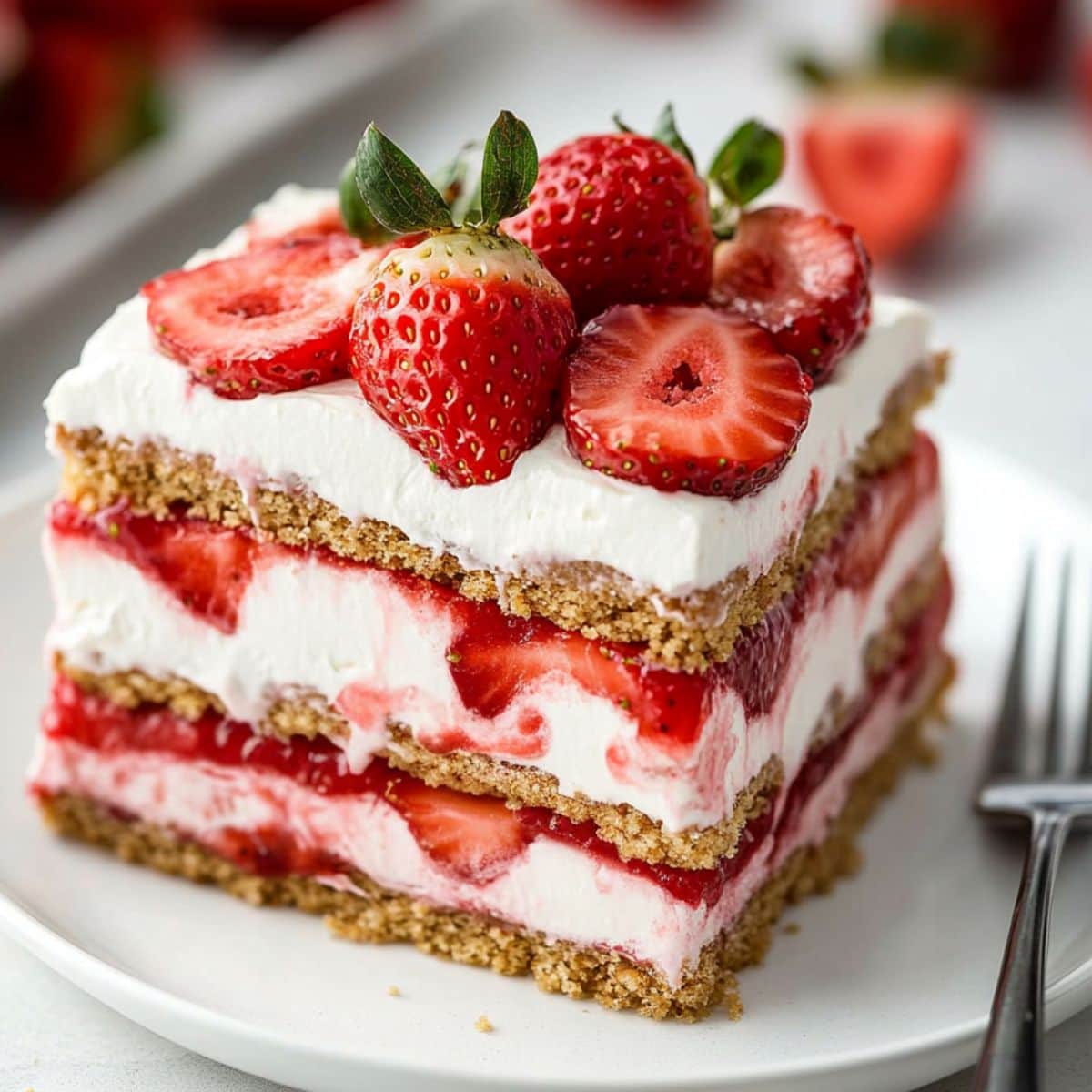 A slice of layered strawberry icebox cake served on a white plate garnished with fresh strawberries.